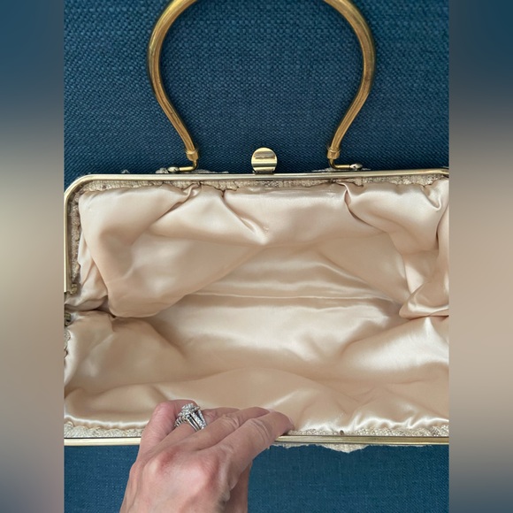 Vintage Tweed Gold Framed Top Handle Tan/Creams Handbag - Picture 3 of 14